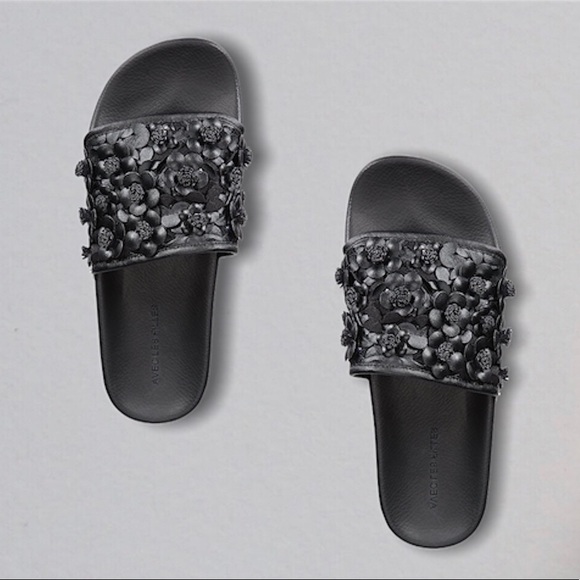 Stella Black Floral Embellished Slide Sandal NIB 6 - Picture 2 of 11